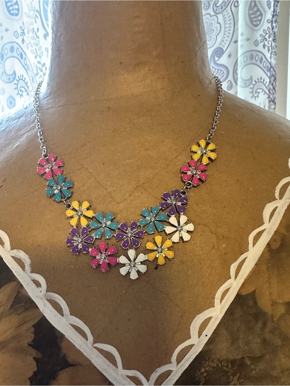 Colorful Floral Petal Necklace in Pink, Blue, Purple, Yellow & White